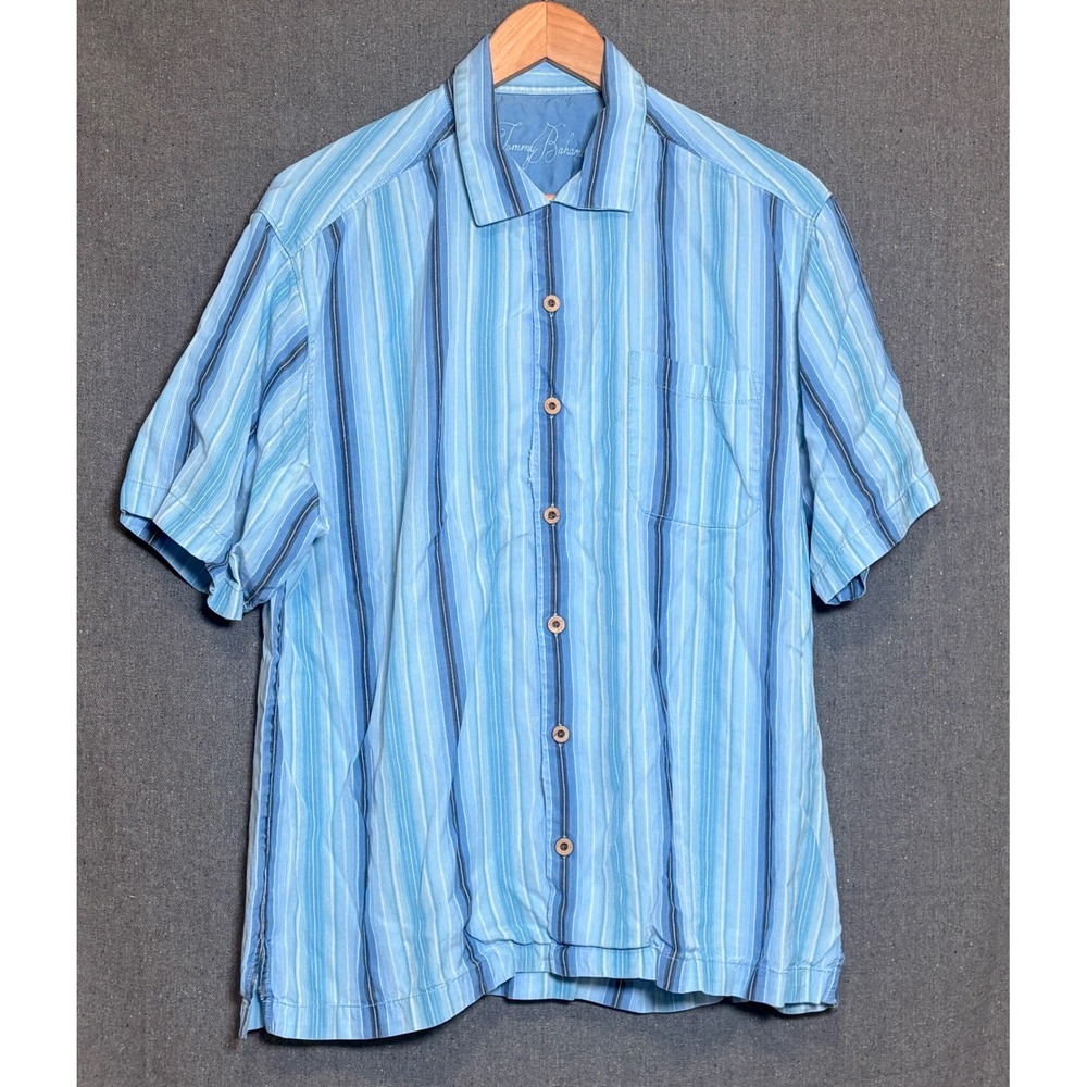 Tommy Bahama Mens Large Blue Striped Short Sleeve Tencel Lyocell Camp Shirt